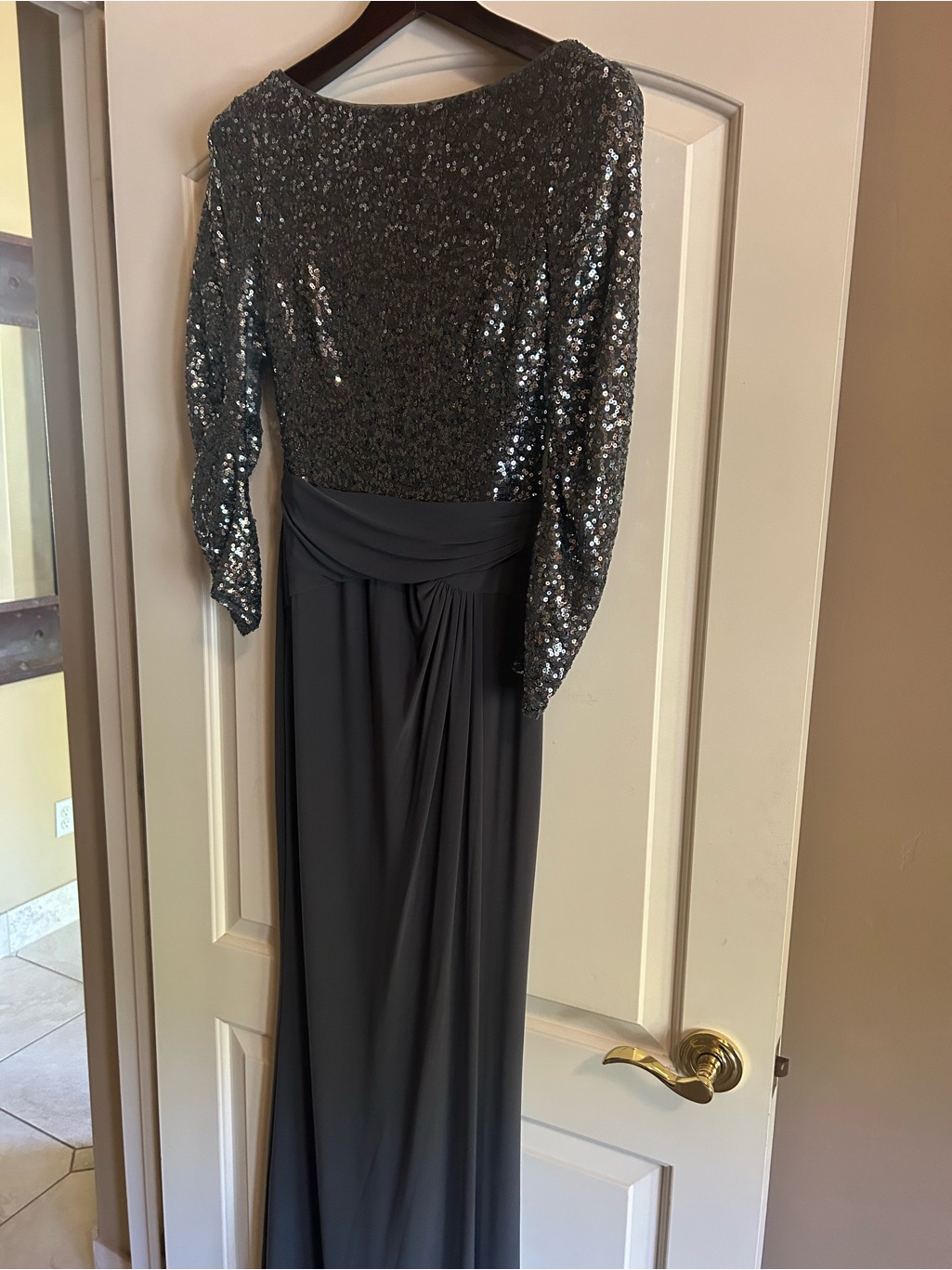 Polo By Ralph Lauren Silver Sequin Long Sleeve Gown With Charcoal Skirt